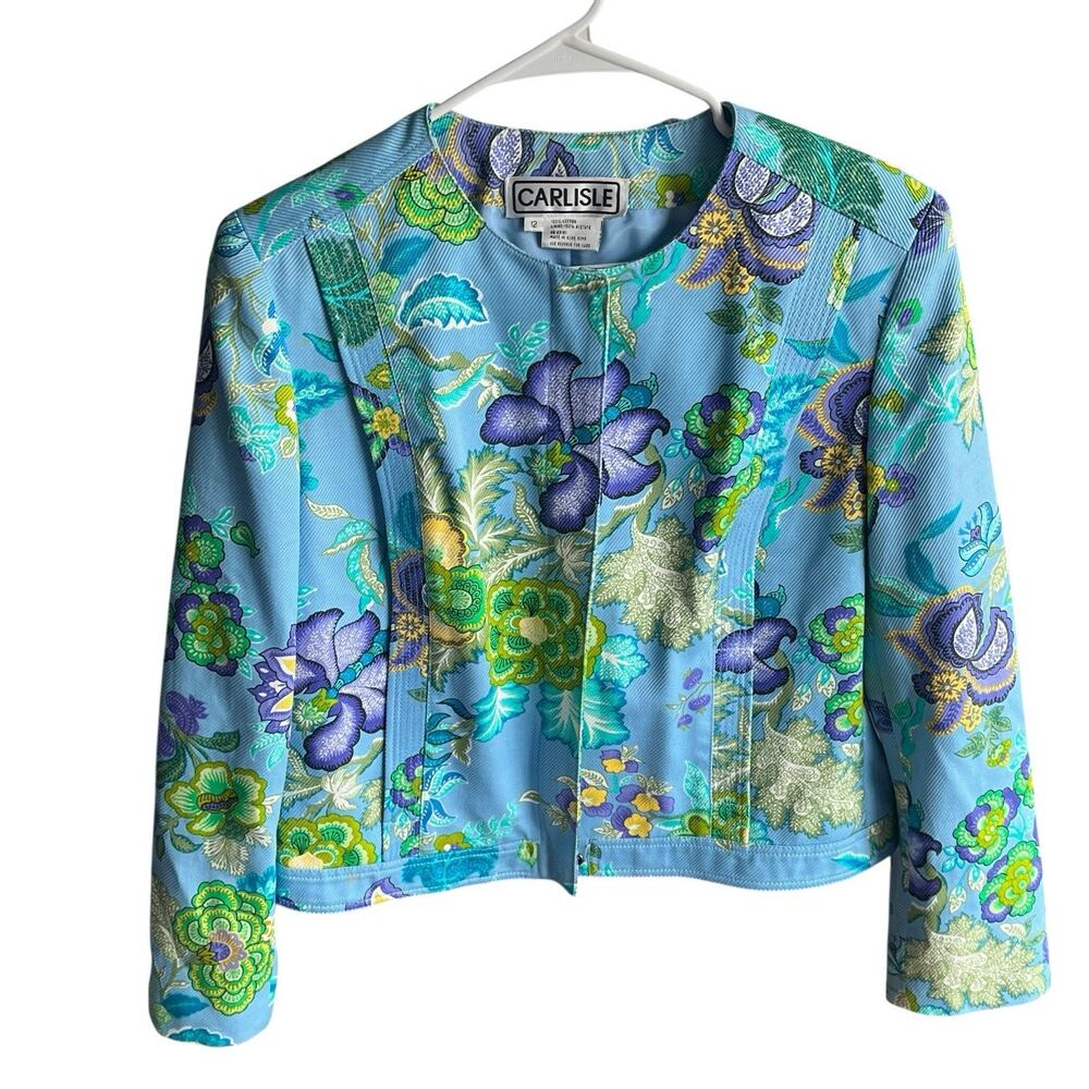 Carlisle Cropped Jacket Women Size 12 Vintage Blue Floral Retro Chic 1980s Vibe